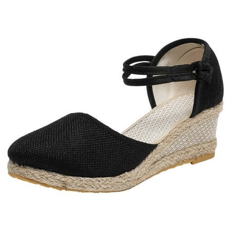 

PEASKJP Sandals Women Fashion Wedge Sandals for Women Cutout Peep Toe Mid Heel Rhinestones Fashion Breathable Beach Sandals (Black 8.5)