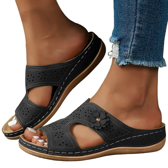 Women's Orthopedic Slides Sandals Boho Flower Comfort Arch Support Wedge Beach Walking Slip on Shoes