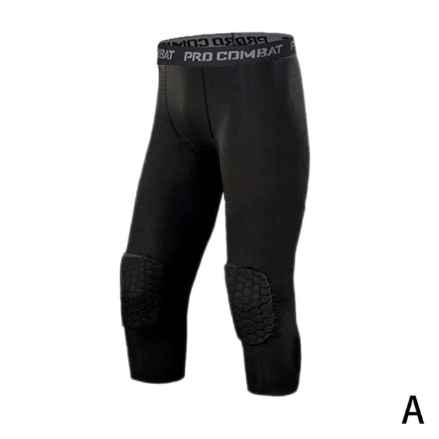 Estbridge Men Compression Pants Basketball Knee Protector Hex Pads Pants Tights Sport Athletic Elastic Leggings G1U3