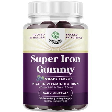 Natures Craft Extra Strength 45mg Iron Gummies with Vitamin C & B Complex, Grape Flavor, 30 Count