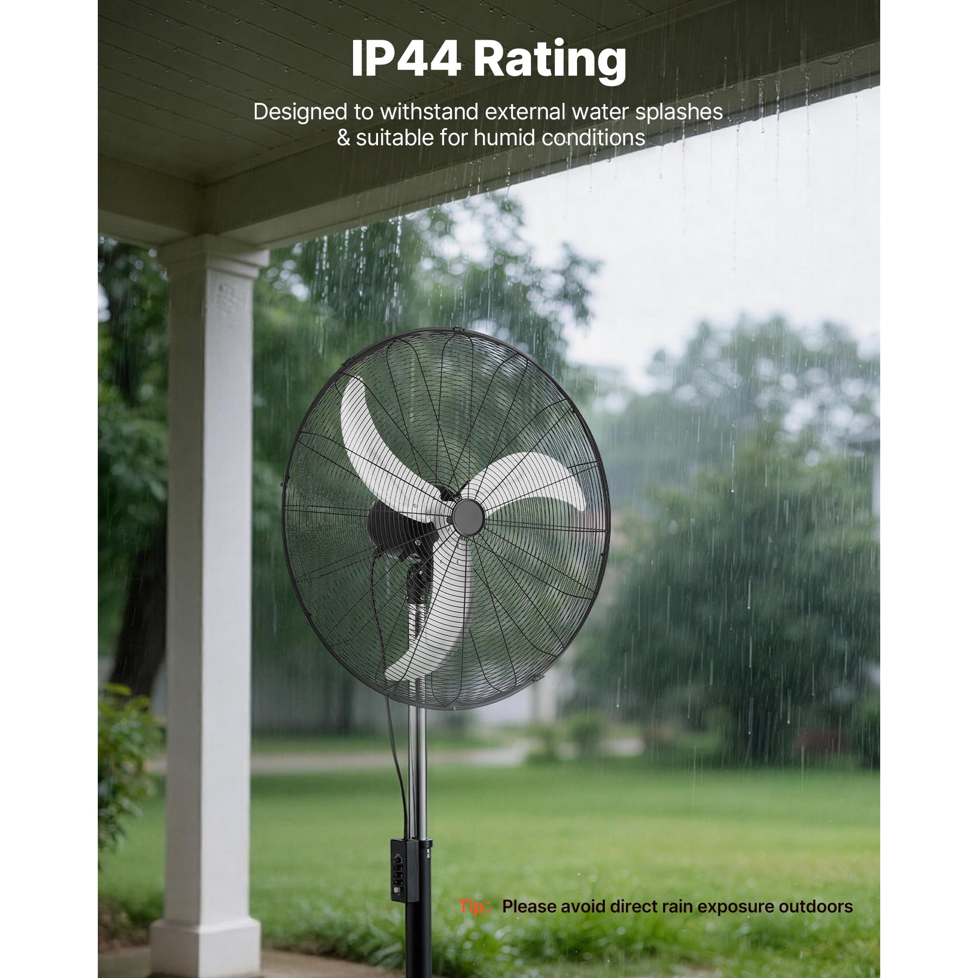 KFFKFF 30-Inch High Velocity Pedestal Fan, 9100 CFM Industrial Floor Fan with 85° Oscillation, Adjustable 3-Speed Settings and Height, IP44 Waterproof, Durable Carbon Steel Construction Black