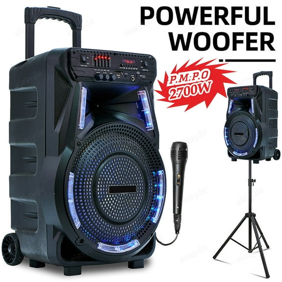 2700W 15" Portable Party Bluetooth Speaker with Tripod Stand Woofer Heavy Bass Horn Tweeter PA Party Sound System LED Mic AUX USB FM SD Trolley Wireless Speaker