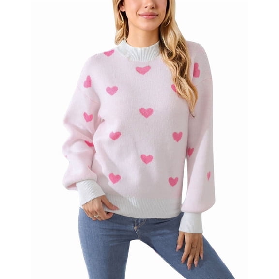 Drvitor Valentines Sweaters for Women Mock Neck Lantern Sleeve Cute Heart Sweater Casual Loose Knitted Warm Pullover Top