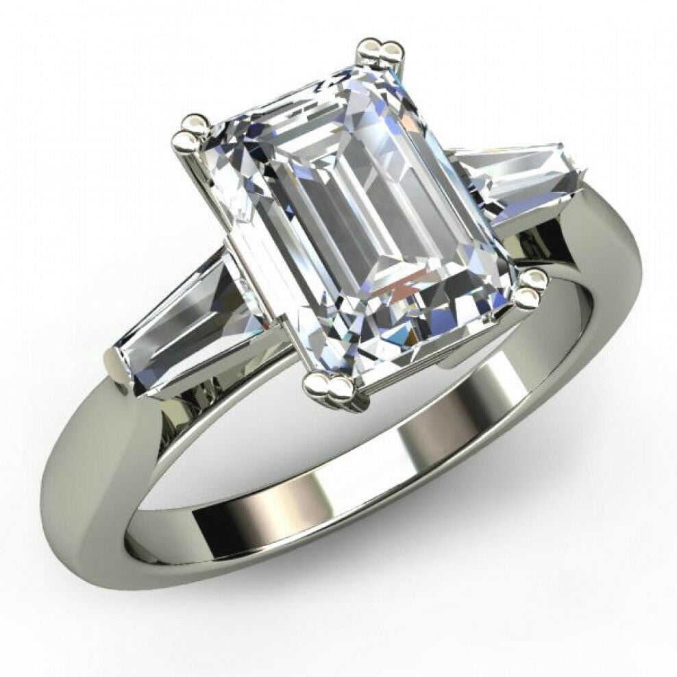 HeartsAndYou 2ct Emerald Cut Moissanite Baguette Accent Engagement Ring for Women 18k White Gold over Silver