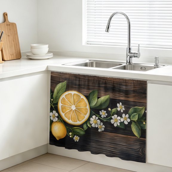 Lemon Flowers Cabinet Curtain, Spring Sink Skirt for Bathroom, Under Sink shelf Curtain Privacy Drape for Kitchen Laundry Room 11x13in