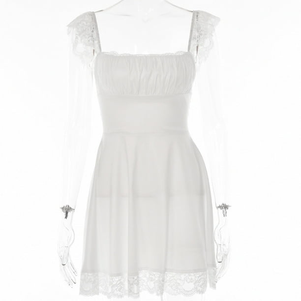 Mozision Elegant White Lace Strap Mini Dress For Women Fashion Sleeveless Backless Loose Sexy Short Dresses Vestido ClubwearS Gao Jinjia LED