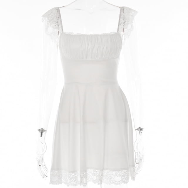 Mozision Elegant White Lace Strap Mini Dress For Women Fashion Sleeveless Backless Loose Sexy Short Dresses Vestido ClubwearL Gao Jinjia LED
