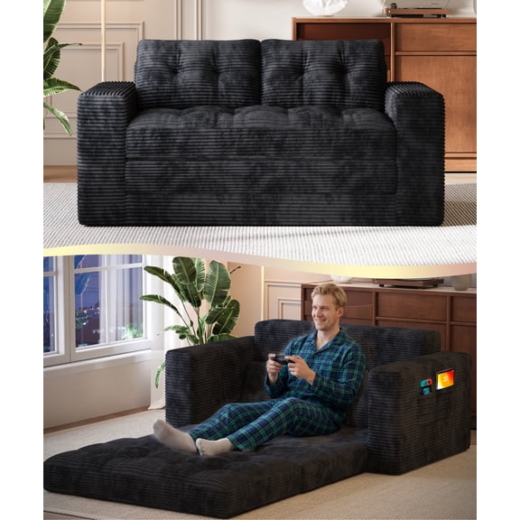 Convertible Loveseat Sleeper Sofa Bed, Lofka 59''Folding Floor Sofa Bed with 2 Pillows & Pockets for Small Spaces, Corduroy Cloud Sofa for Apartment Living Room, Black
