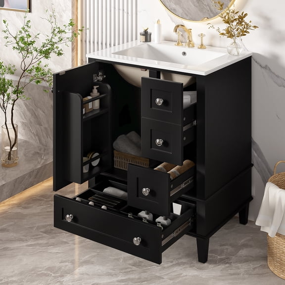 Euroco 24-inch black bathroom vanity with an integrated ceramic basin, featuring a door-mounted double-layer shelf, soft-close drawers, and a soft-close cabinet door.