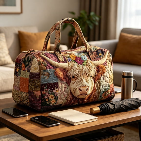 Kieccall Highland Cow Print Patchwork Travel Duffel Bag Weekender Overnight Bag Gift
