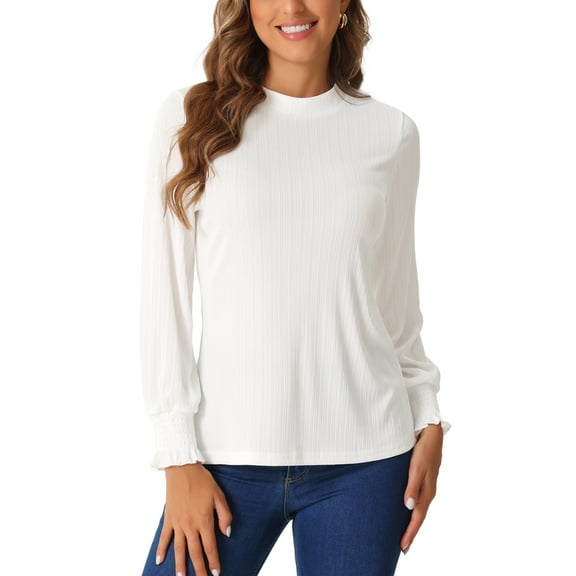 INSPIRE CHIC Women's Mock Neck Ribbed Knit Smocked Ruffle Cuff Lantern Long Sleeve Top