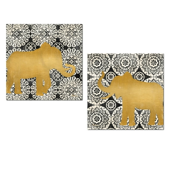 Popular Black, Cream and Gold Boho Elephants on Medallion Background; Two 12x12in Unframed Poster Prints