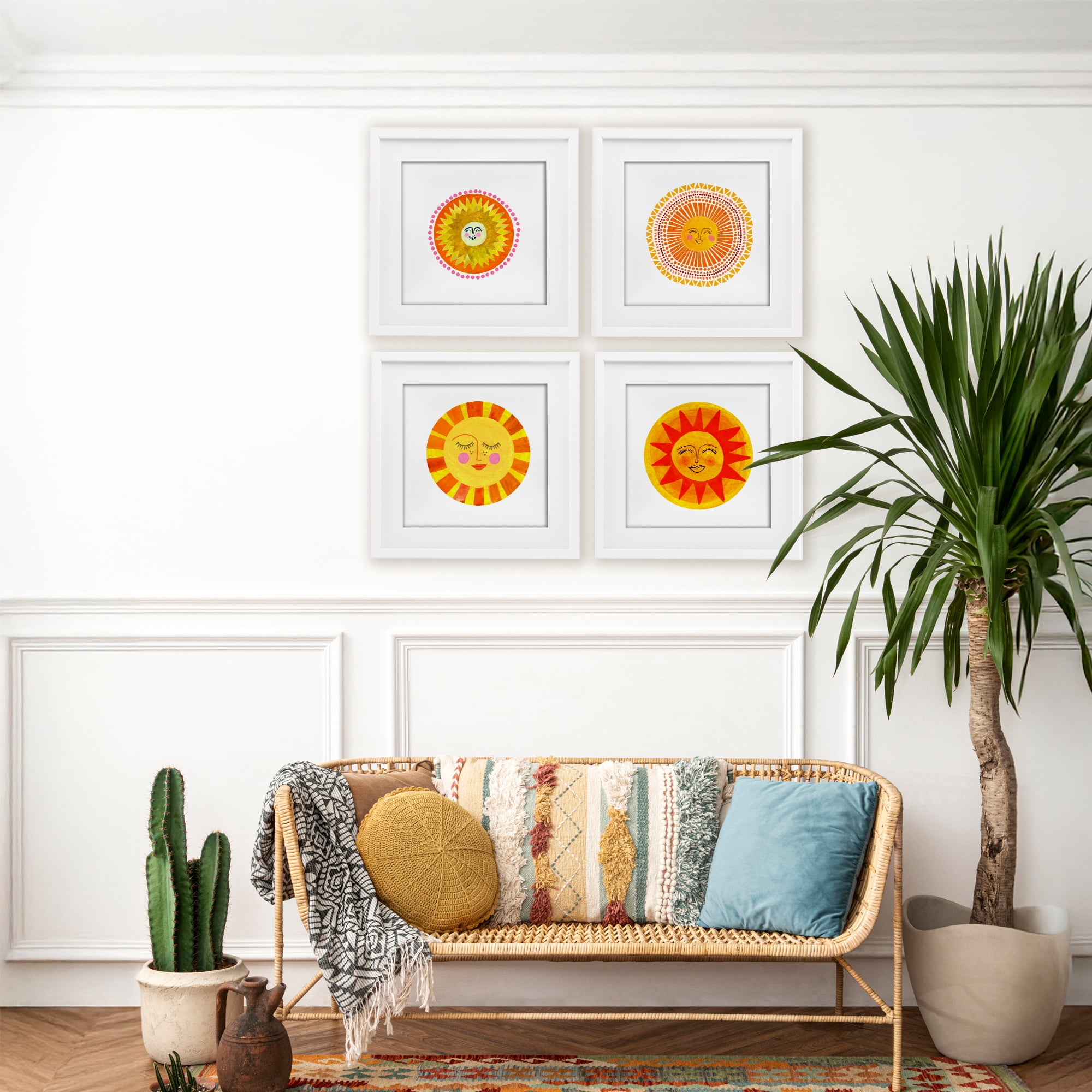 Stupell Industries Whimsical Smiling Suns 4 Piece White Framed Print Under Glass Set, design by Katherine Herrell Studio