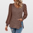 thumbnail image 4 of Women's Fall Summer Crochet Hollow Out Long Sleeve Pullover Sweater Casual V Neck Side Split T-Shirts Knit Tops, 4 of 5