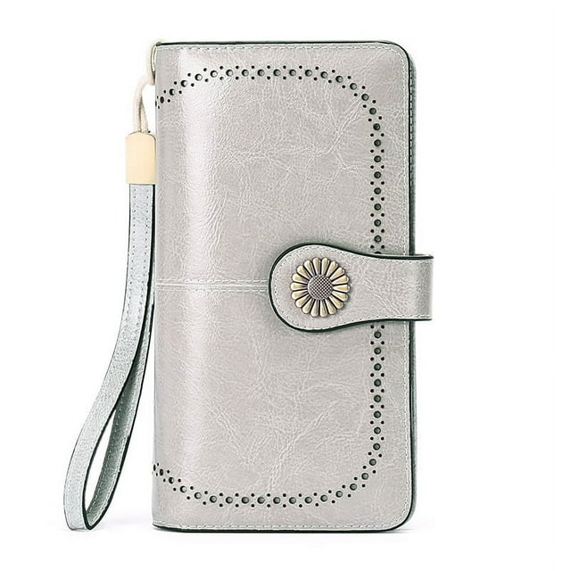 Cartera gris claro europea y americana Cartera de cuero con Cremallera larga para mujer Cartera de cuero bolso de gran capacidad