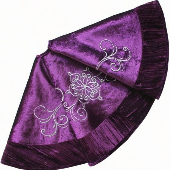 Flower Embroidered Velvet Christmas Tree Skirt With Pleat Velvet Border 50'' Purple 50 Inch