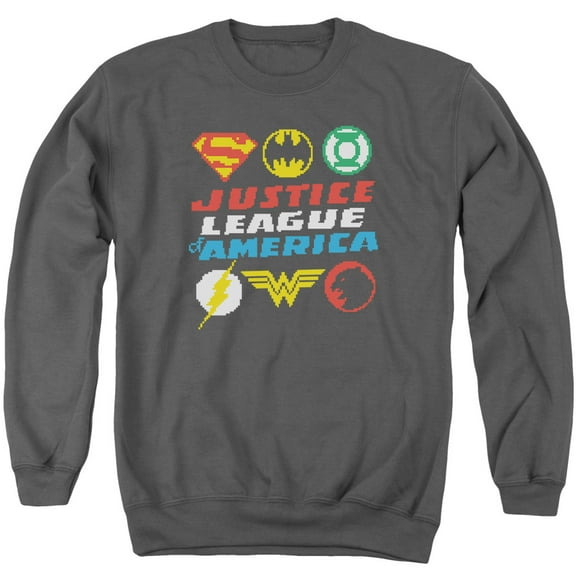 JLA Justice League Pixel Logos Adult Crewneck Sweatshirt Charcoal