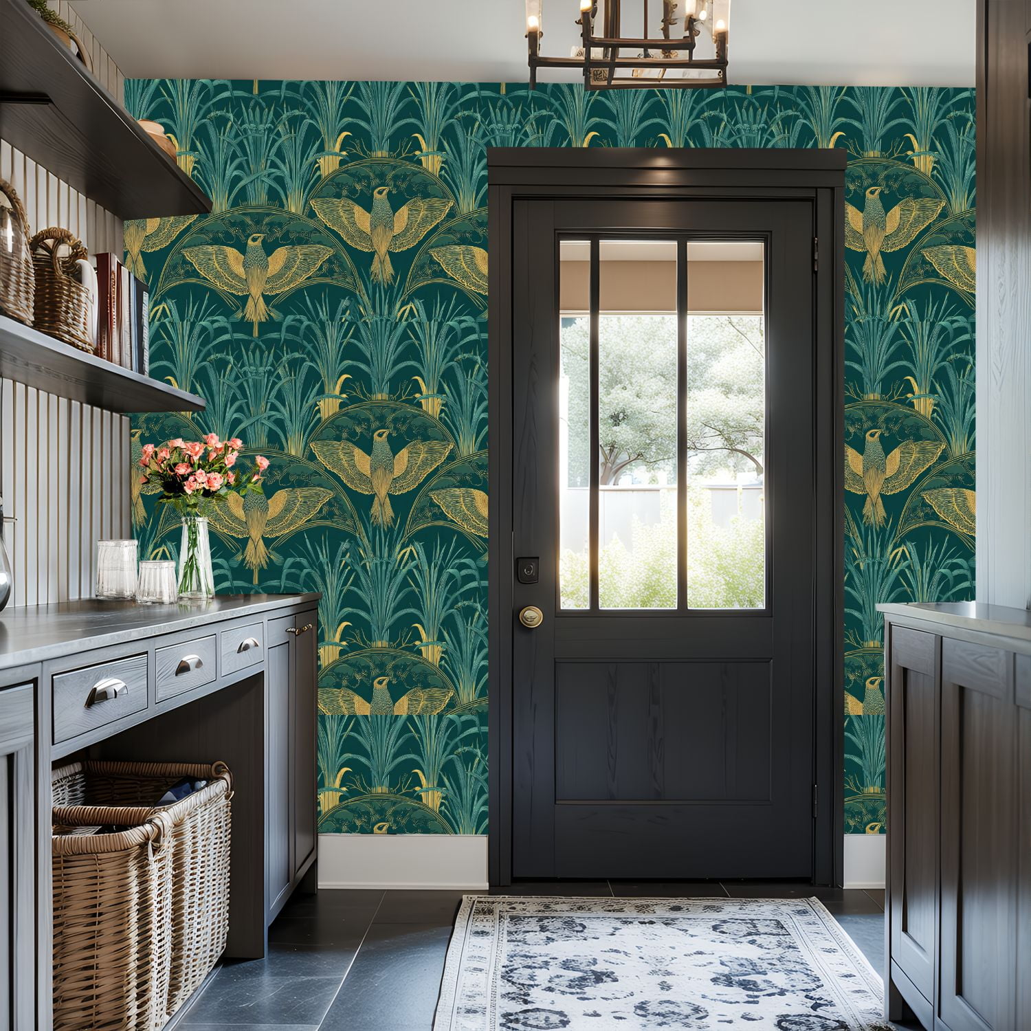 Vintage Peel and Stick Wallpaper Botanical Birds Ornamental Foliage Teal Gold Wall Mural 17.7in x 9.8ft Self Adhesive Removable Wall Paper Renter Friendly Wallpaper for Nursery Bedroom Cabinets