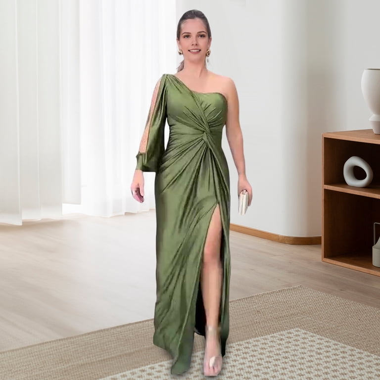 one shoulder split hem dress Elenzga Plus Size Women's Elegant Fashion Commuter Casual Comfortable Vacation Gentle Lady One-Shoulder Split Hem Dress
