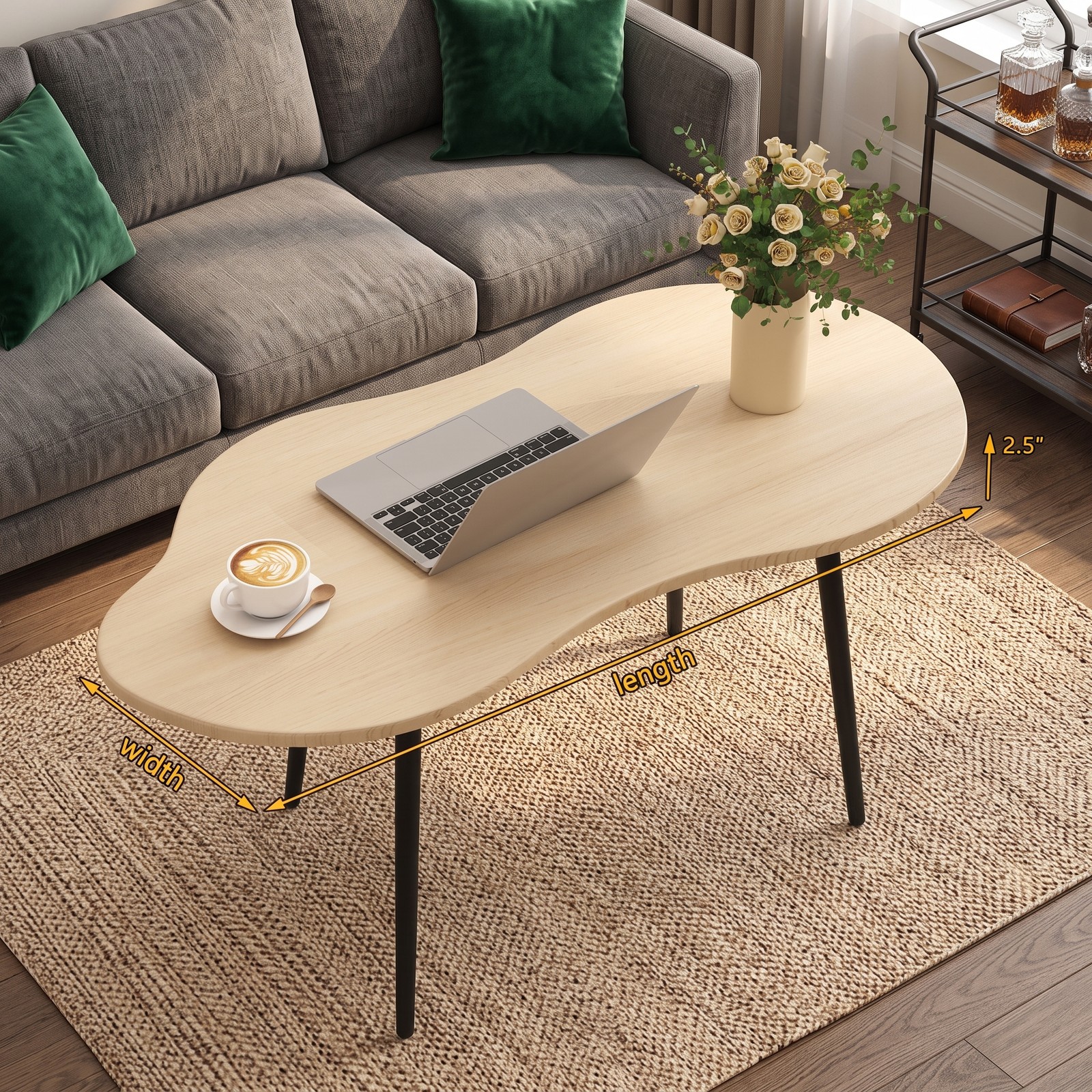 Furnibear Cloud Shape Coffee Table, 39.5 Inch Irregular Free Form Center Table with Sturdy Metal Frame, Wide Engineered Wood Top Accent Side Table for Living, Natural