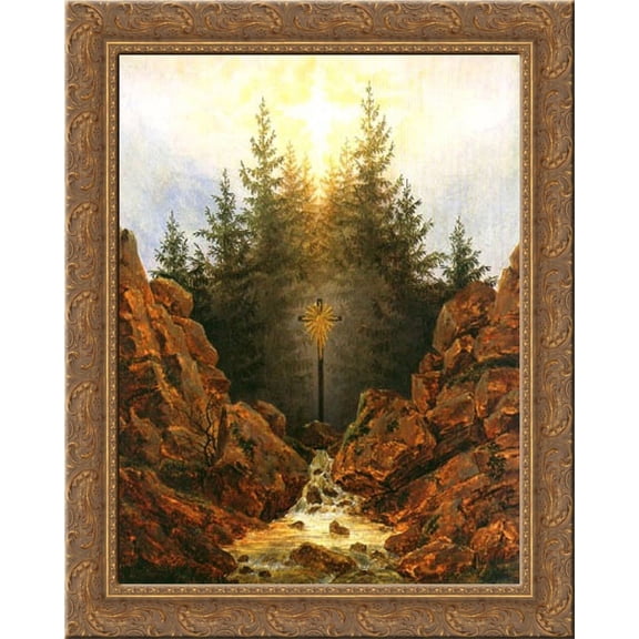 Cross in the forrest 24x20 Gold Ornate Wood Framed Canvas Art by Caspar David Friedrich