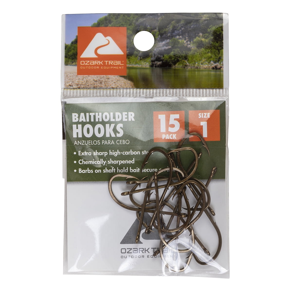 (6 pack) Ozark Trail Bronze Baitholder Fishing Hooks Size 1 - 15 Pack