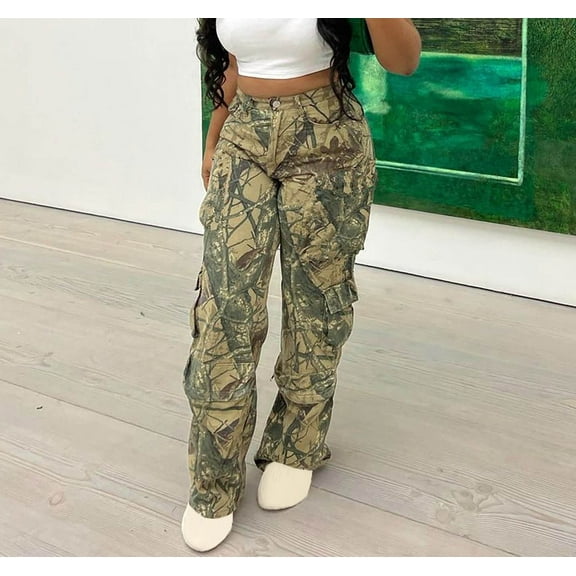 lulshou Womens Cargo Pants Mid Waist with Pocket Overalls Casual Pants Spring Summer Wide Leg Cargo Pants Business Work Pants