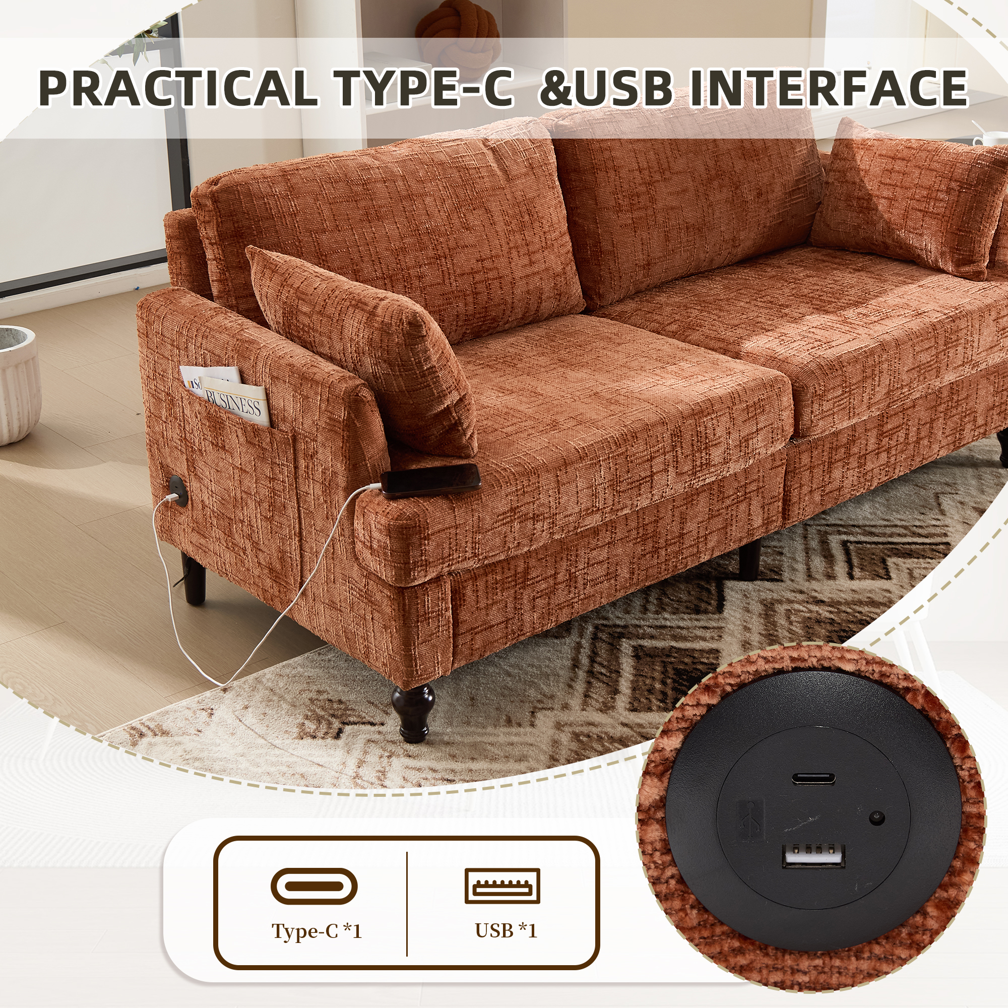 MOONMISS Chenille Upholstered Mid Century Modern Wood Frame Loveseats Sofa with LED light,USB and Side Pocket-Orange