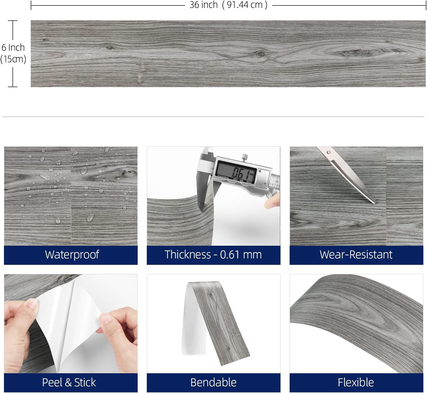 6"x36" Grey Wood Peel and Stick Floor Tile Natural Wood Vinyl Flooring Peel and Stick Vinyl Plank Flooring Waterproof Sticky Floor Tiles for Bathroom Kitchen Bedroom Laminate Floorings 5 Pcs