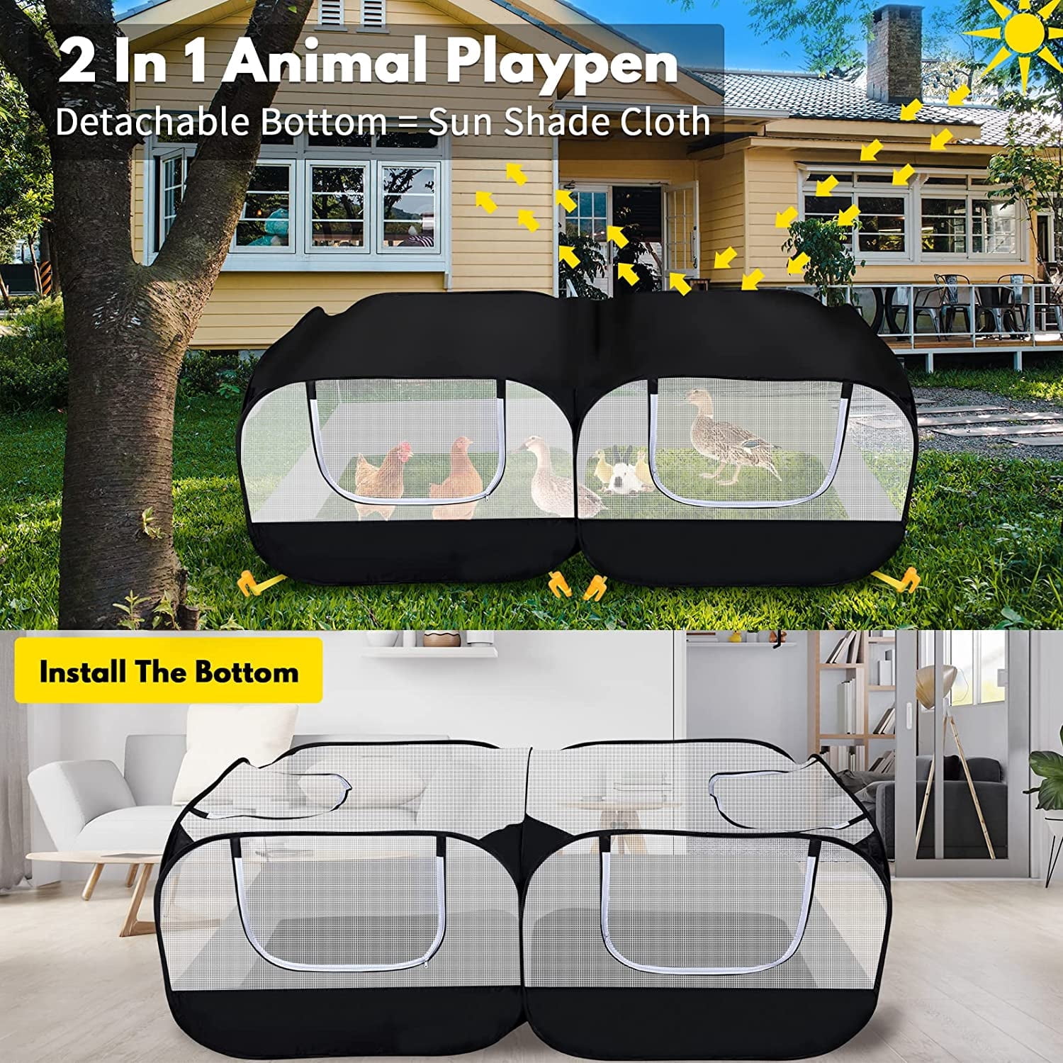 Small Animal Playpen, Portable Chicken Run Coop with Detachable Bottom and Breathable Mesh Walls, Pet Tent Indoor Outdoor