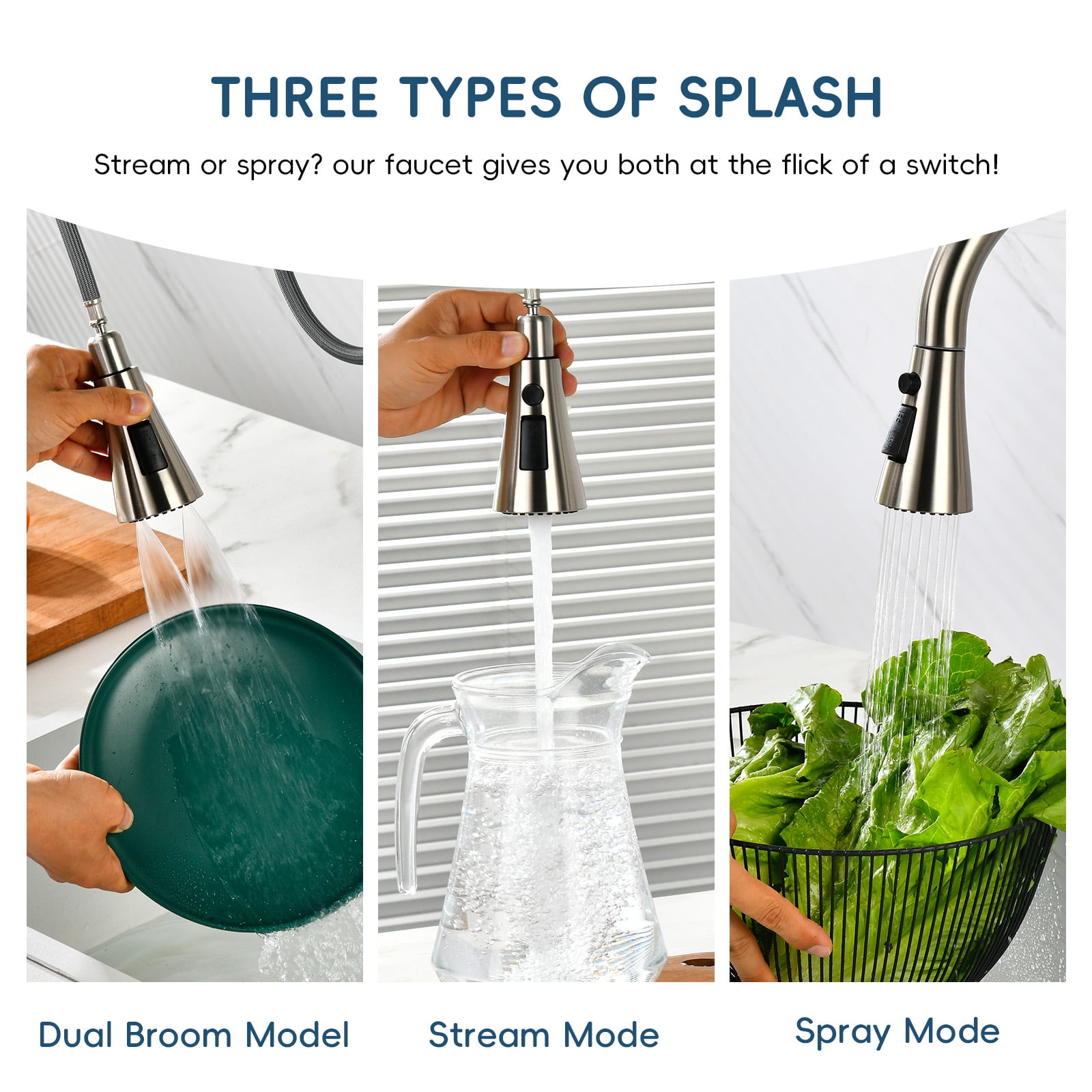 DAYONE Pull Down Brushed Nickel Kitchen Faucet with Sprayer and Soap Dispenser, Stainless Steel Faucet, 3 Modes High Arc Single Handle Kitchen Sink Faucet with Deck Plate for Kitchen Renovation