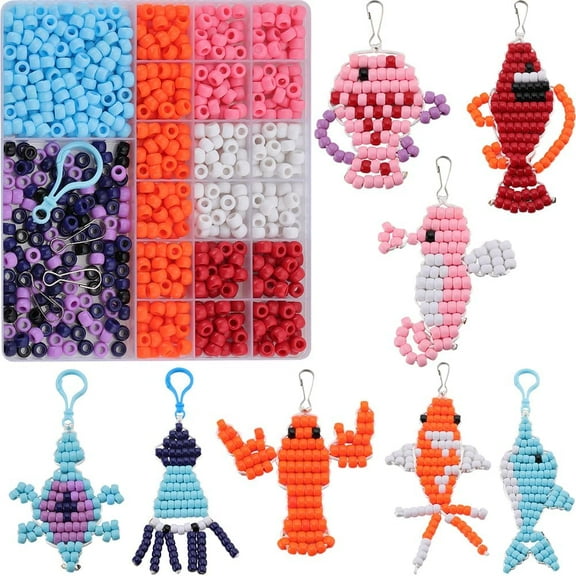 1 Box DIY 8 Sets Pony Beads Pets Craft Beads Keychain Making Kit 8mm Colorful Opaque Pony Beads Turtle Sea Horse Octopus Lobster Pony Pet Animal Beading Keychain Kits