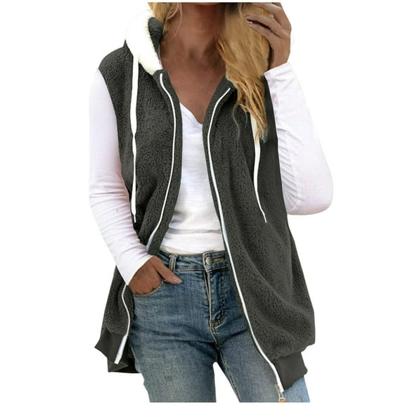 Dezsed Women's Fleece Vest Clearance Womens Fall Winter Sleeveless Coat Zip Up Warm Jackets Outerwear With Pockets Dark Gray XXL