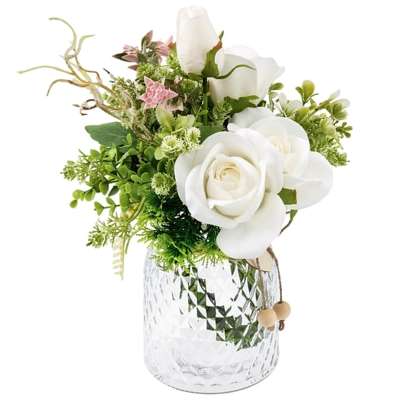 Artificial Flowers with Vase Faux Silk Roses Floral Bouquet in Glass Vase Faux Plant Table Centerpiece Decoration for Kitchen Desk Home