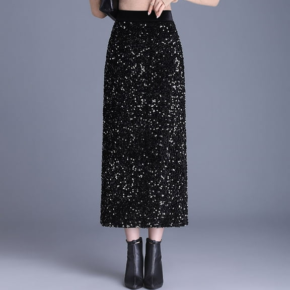 Delliss Women's Slim Fit Casual Trendy Solid Color Sequin Skirt Ankle Length