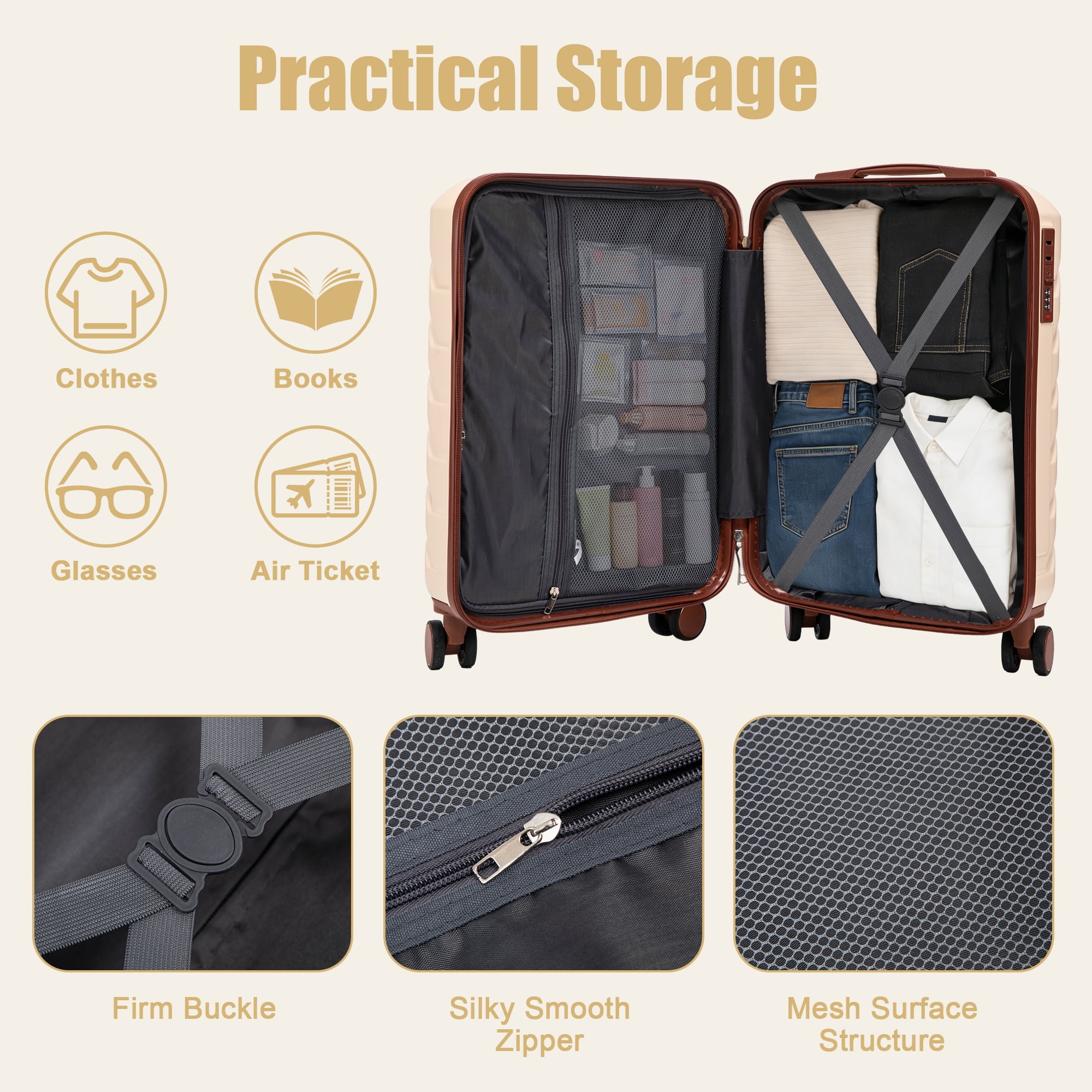 20 Inch ABS Hard Shell Carry-On Luggage, Airline Approved, Scratch Resistant, 4 Spinner Wheels, Built-in Combination Lock, Lightweight Waterproof Suitcase (Beige)