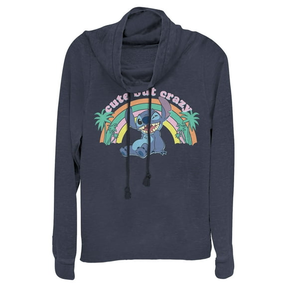 Junior's Lilo & Stitch Cute But Crazy Cowl Neck Sweatshirt Navy Blue Small