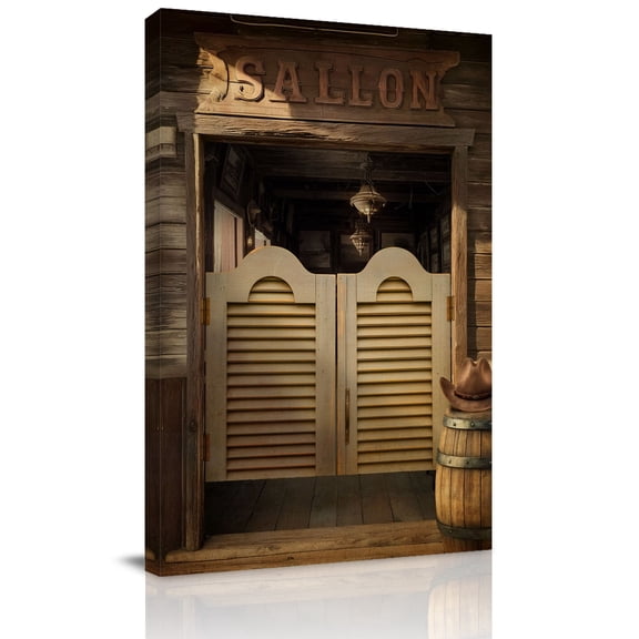 Canvas Wall Art Western Sallon Canvas Art Print Vintage Brown Doors Pub Cowboy Hats Pictures Wall Decor for Living Room Bedroom Artwork Decorations Stretched Framed Ready to Hang 18"x24"