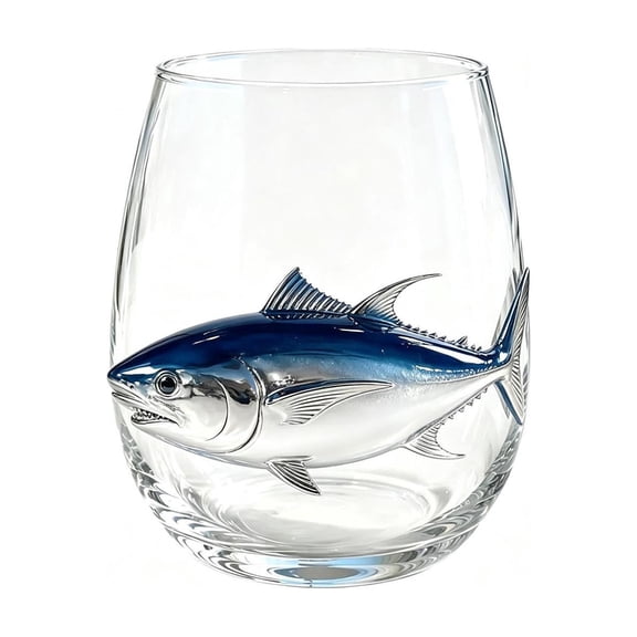 MMJ 2D Octopus Stemless Wine Glass Artisanal Blue Ringed Clear Tumbler Handcrafted Coastal Home Bar Decor 4.33x3.54in