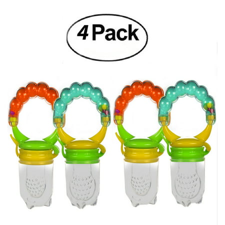 Baby Fruit Feeder Pacifier Rattle (4 Pack) Fresh Food Feeder-Silicone Nipple Teething Toy-Silicone Pouches for Toddlers &