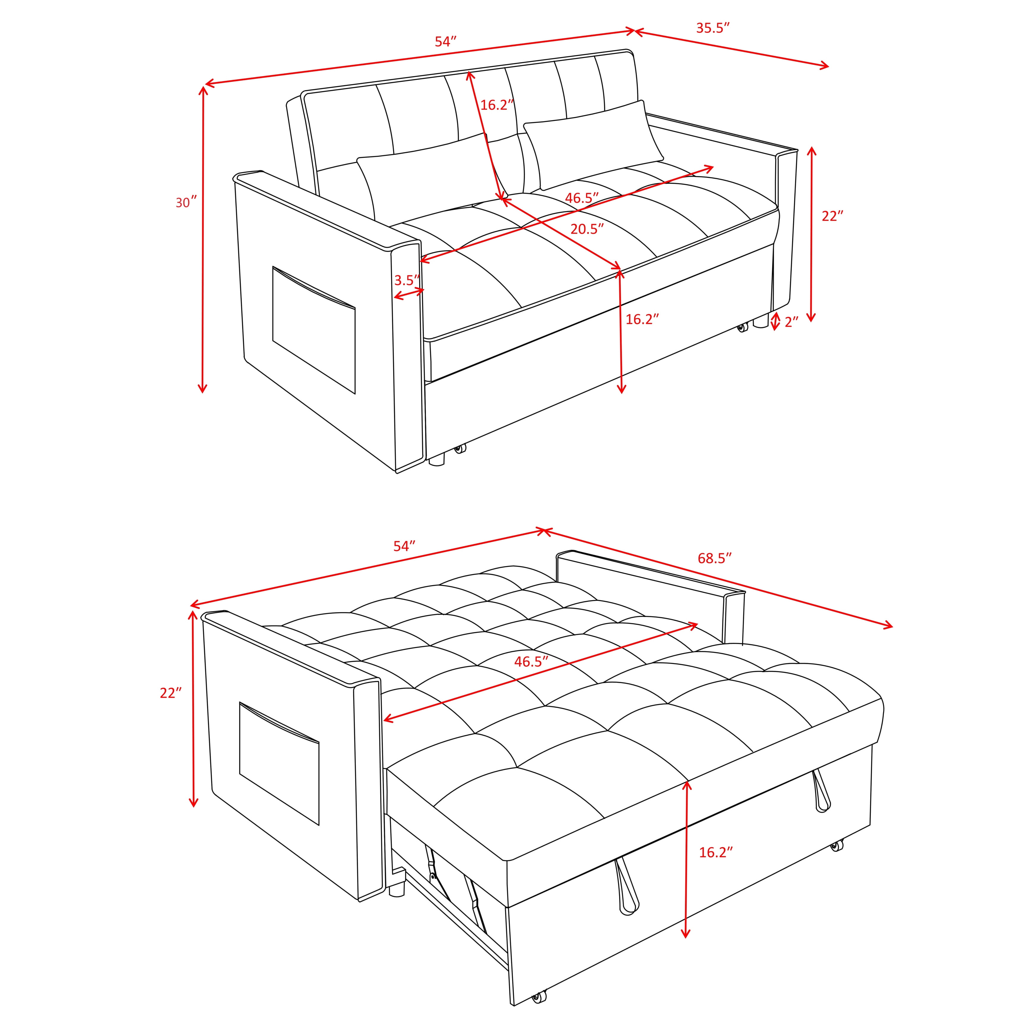 BSHTI 54" Pull-Out Sleeper Sofa Bed, Twin Size with Solid Wood Frame, 3-Position Reclining Back, Velvet Upholstery with Piping, Side Pocket Storage, 2 Pillows Included,Dark grey