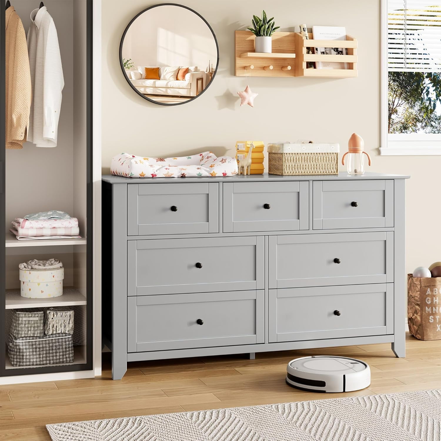 Grey 7 Drawer Dresser for Bedroom, 54" Wide Large Dresser with Deep Drawers & Metal Knobs, Modern Wooden Chests of Drawers for Entryway, Hallway