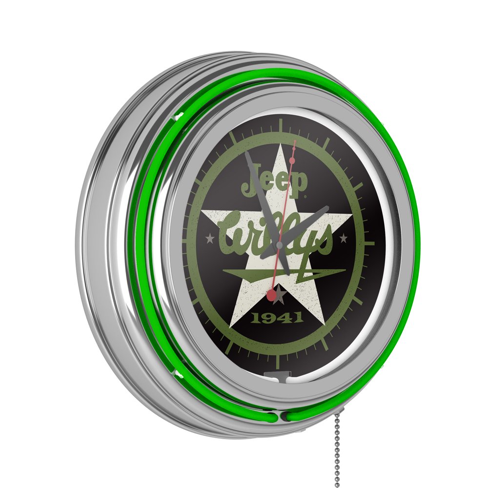 Neon Wall ClockJeep Willys 1941 Double Rung Analog Clock with Pull ChainPub, Garage, or Man