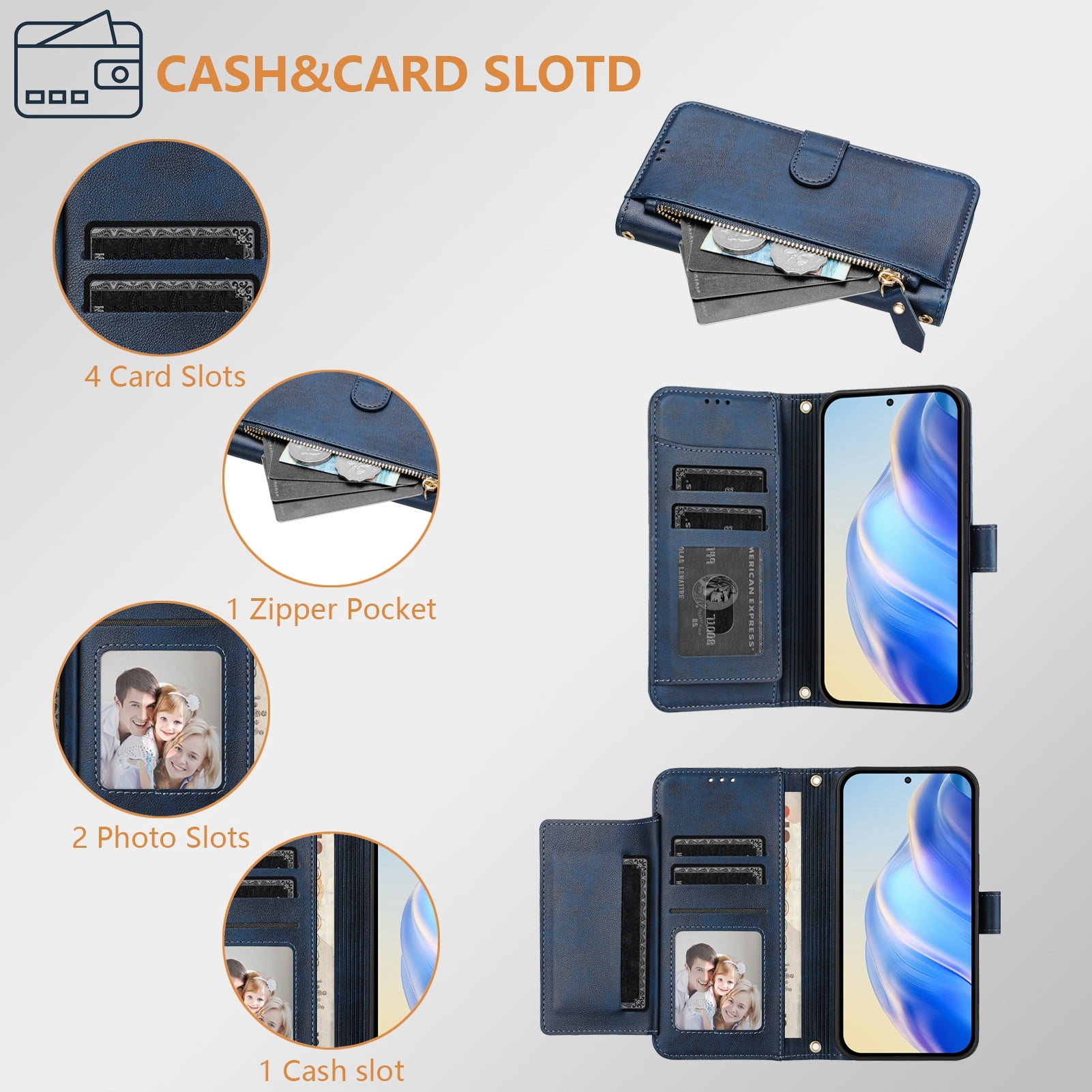 Filp Case for Motorola Edge 5G UW 2022 Zipper Pocket Magnetic Flip Wallet Phone Case with 7 Card Slots and Wrist Strap