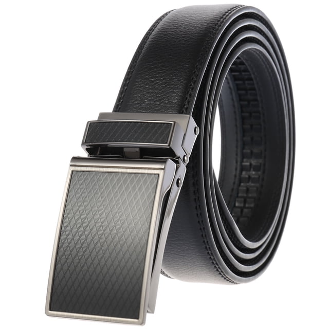 Cinturón de vestir cómodo con trinquete de cuero genuino para hombre con hebilla automática para regalo del día del padre 110 cm-130 cm, negro-negro- brillar Electrónica