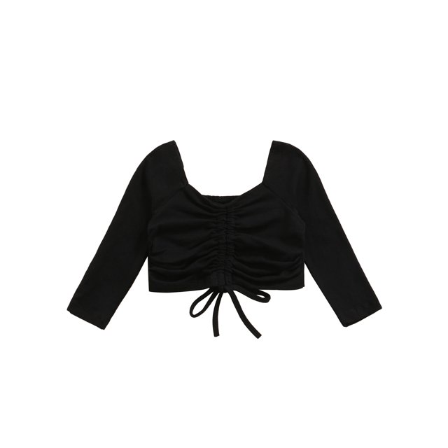Xingqing Autumn Toddler Baby Girls Drawstring Crop Tops Solid Long Sleeve Pullover Ruched Short Length T-shirt