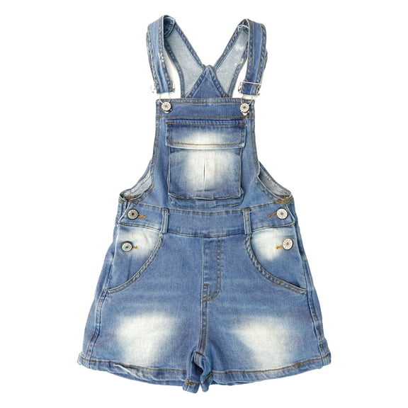 KIDSCOOL SPACE Little Big Girls Denim Shortalls, Stone Washed Soft Jeans Summer Shorts,Light Blue,11-12 Years