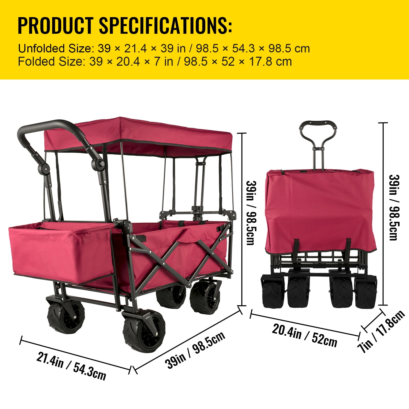 KFFKFF Collapsible Wagon Cart with Removable Canopy, Portable Folding Utility Garden Cart 600D Oxford Cloth Foldable Beach Wagon Cart w/ Oversized Wheels, Adjustable Handles, Rear Storage (Red)
