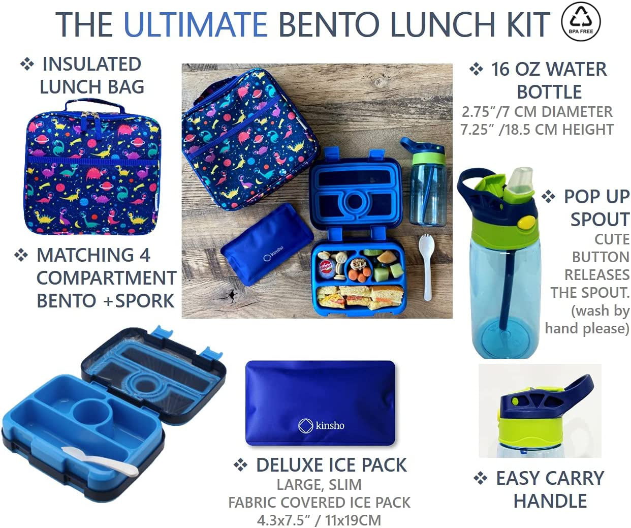  kinsho Bento Lunch Box with Insulated Bag, Water Bottle & Ice  Pack Set for Kids Toddlers, 4 Portion Sections, Removable Tray, PreSchool  Kid Toddler Daycare Lunches, Snack Container, Robot : Baby