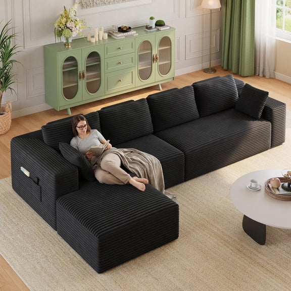 L-Shaped Sectional Sofa, Lofka 135" Corduroy Modular Cloud Couch ,Deep Seat No Assembly Boneless Floor Sofa, Black